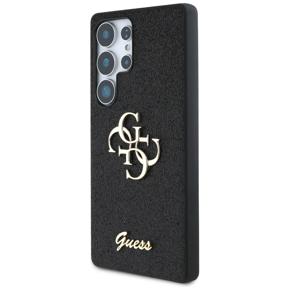 Guess PU Fixed Glitter 4G Metal Logo dėklas skirtas Samsung Galaxy S25 Ultra juodos spalvos