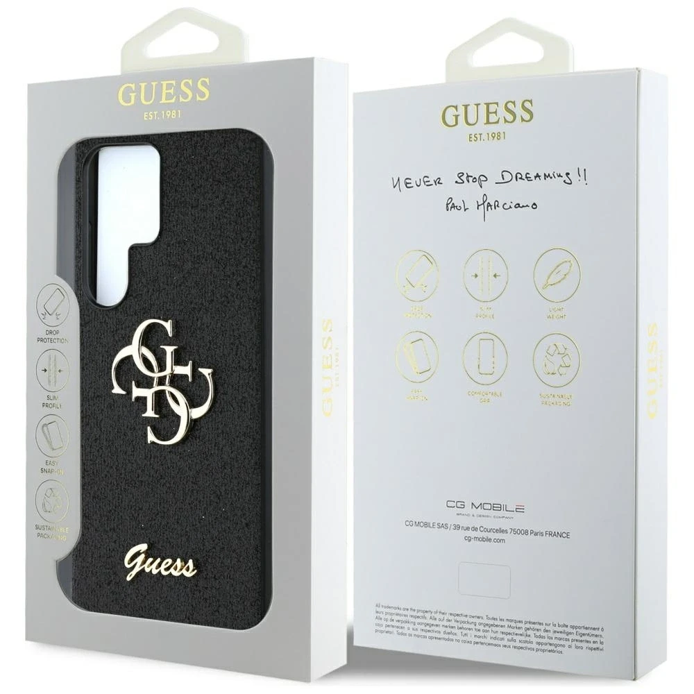 Guess PU Fixed Glitter 4G Metal Logo dėklas skirtas Samsung Galaxy S25 Ultra juodos spalvos