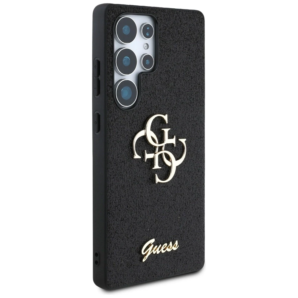 Guess PU Fixed Glitter 4G Metal Logo dėklas skirtas Samsung Galaxy S25 Ultra juodos spalvos
