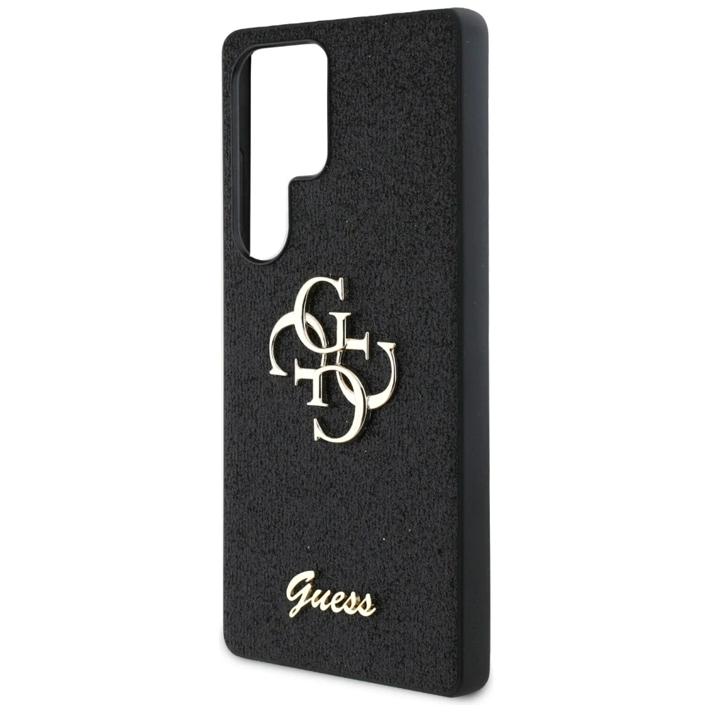 Guess PU Fixed Glitter 4G Metal Logo dėklas skirtas Samsung Galaxy S25 Ultra juodos spalvos