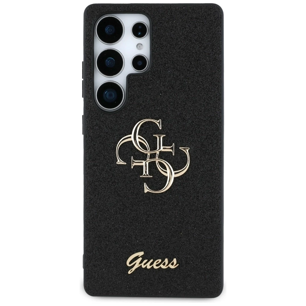 Guess PU Fixed Glitter 4G Metal Logo dėklas skirtas Samsung Galaxy S25 Ultra juodos spalvos