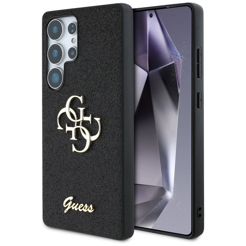 Guess PU Fixed Glitter 4G Metal Logo dėklas skirtas Samsung Galaxy S25 Ultra juodos spalvos