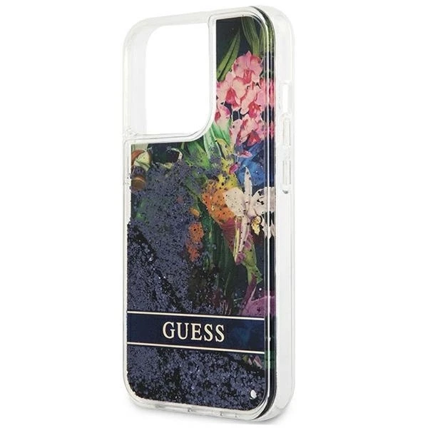 Guess Flower Liquid Glitter dėklas iPhone 13 Pro Max - mėlynas