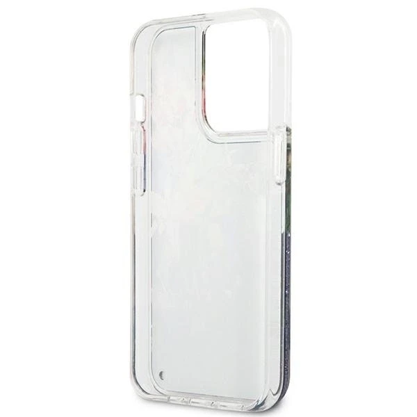 Guess Flower Liquid Glitter dėklas iPhone 13 Pro Max - mėlynas