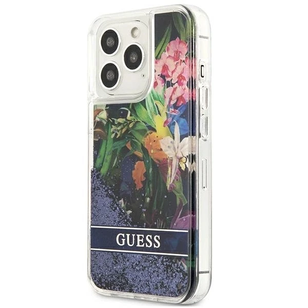 Guess Flower Liquid Glitter dėklas iPhone 13 Pro Max - mėlynas