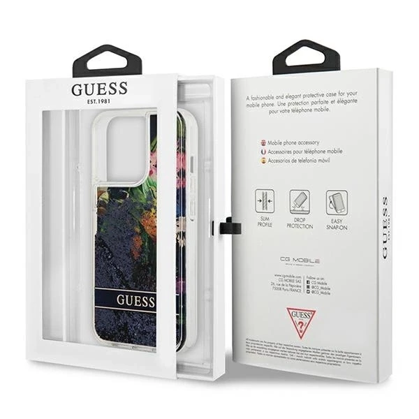 Guess Flower Liquid Glitter dėklas iPhone 13 Pro Max - mėlynas