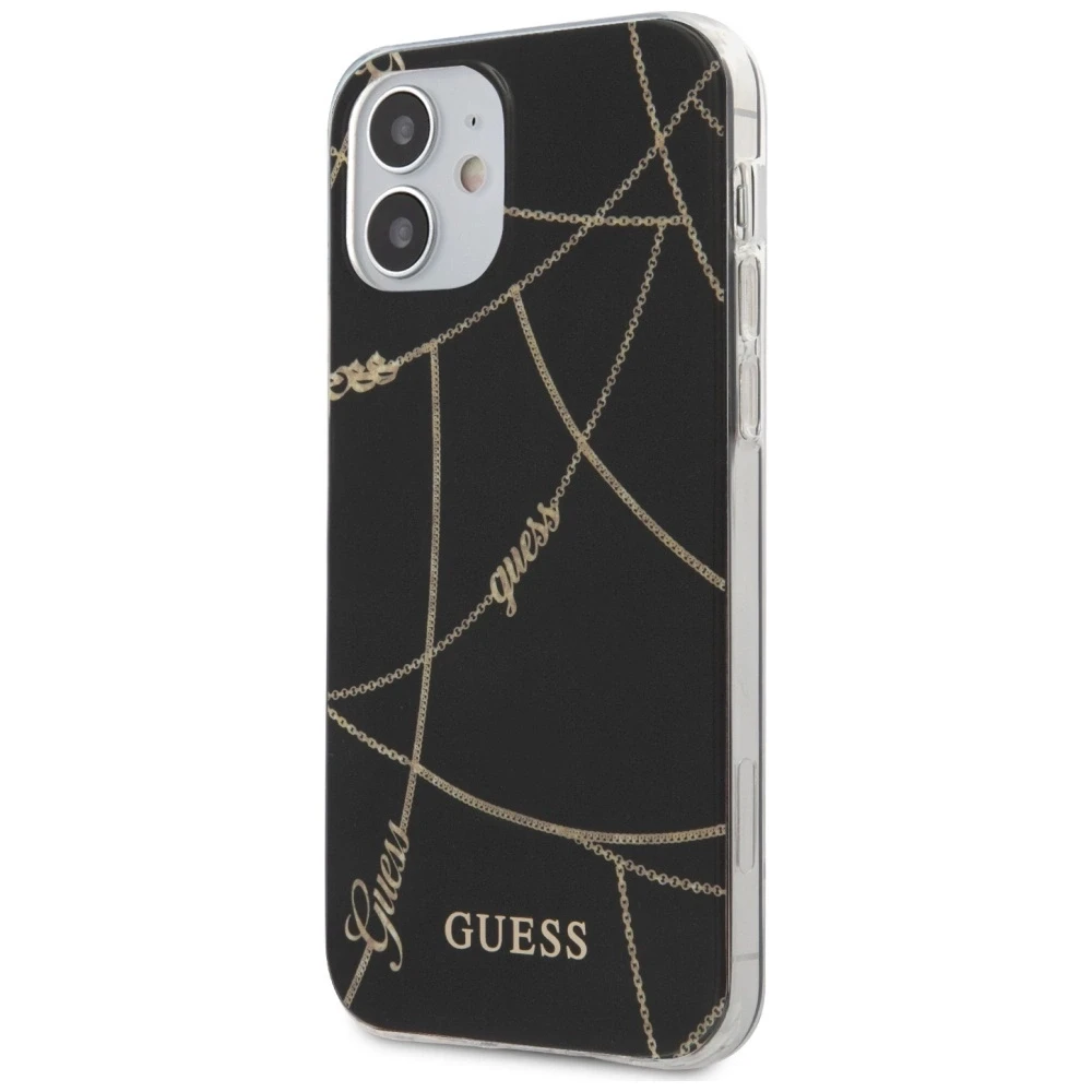 Guess GUHCP12SPCUCHBK Apple iPhone 12 mini 5,4″ juodos spalvos kietas dėklas Gold Chain Collection