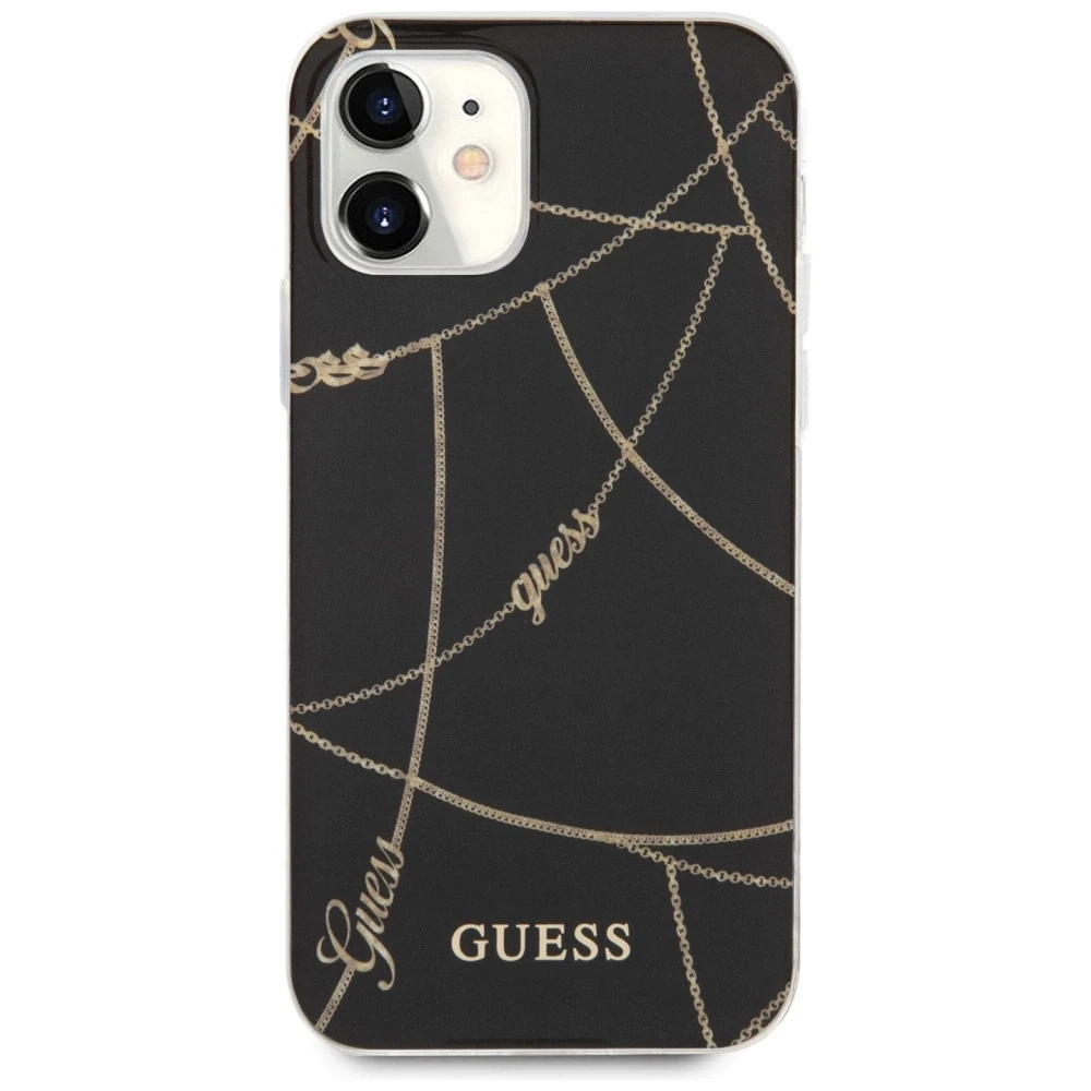 Guess GUHCP12SPCUCHBK Apple iPhone 12 mini 5,4″ juodos spalvos kietas dėklas Gold Chain Collection
