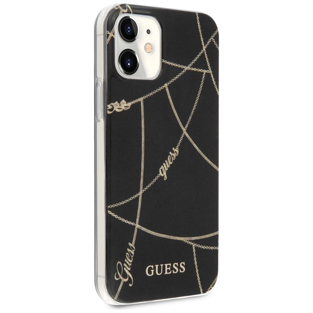 Guess GUHCP12SPCUCHBK Apple iPhone 12 mini 5,4″ juodos spalvos kietas dėklas Gold Chain Collection