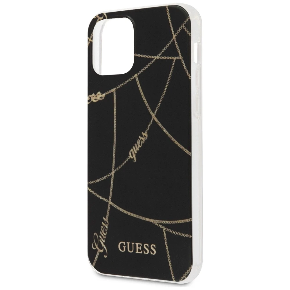 Guess GUHCP12SPCUCHBK Apple iPhone 12 mini 5,4″ juodos spalvos kietas dėklas Gold Chain Collection