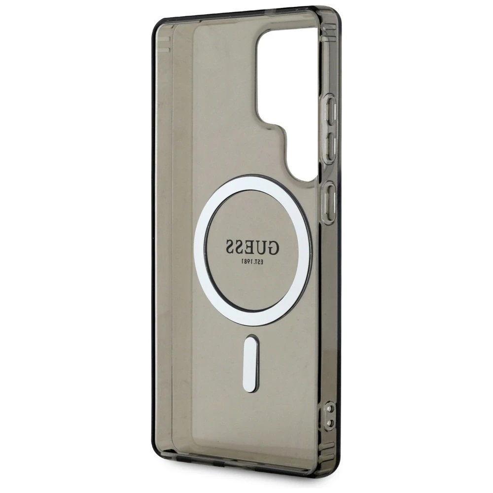 Dėklas Guess Glitter Circle Classic Logo MagSafe Samsung Galaxy S25 Ultra juodos spalvos
