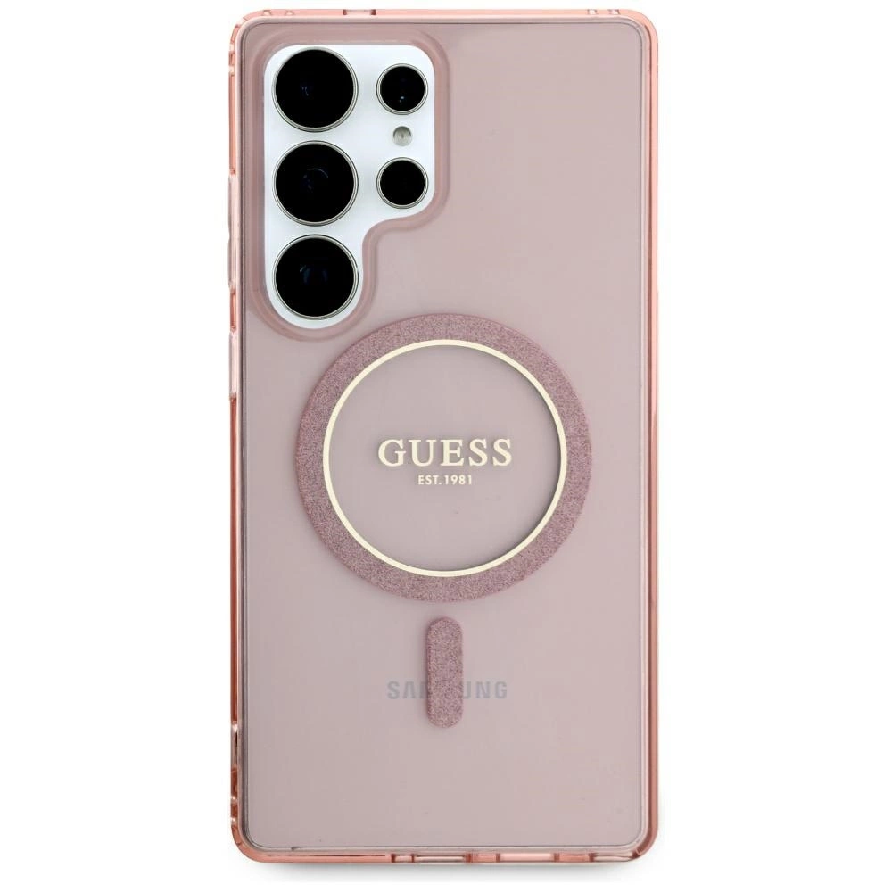 Dėklas Guess Glitter Circle Classic Logo MagSafe for Samsung Galaxy S25 Ultra pink