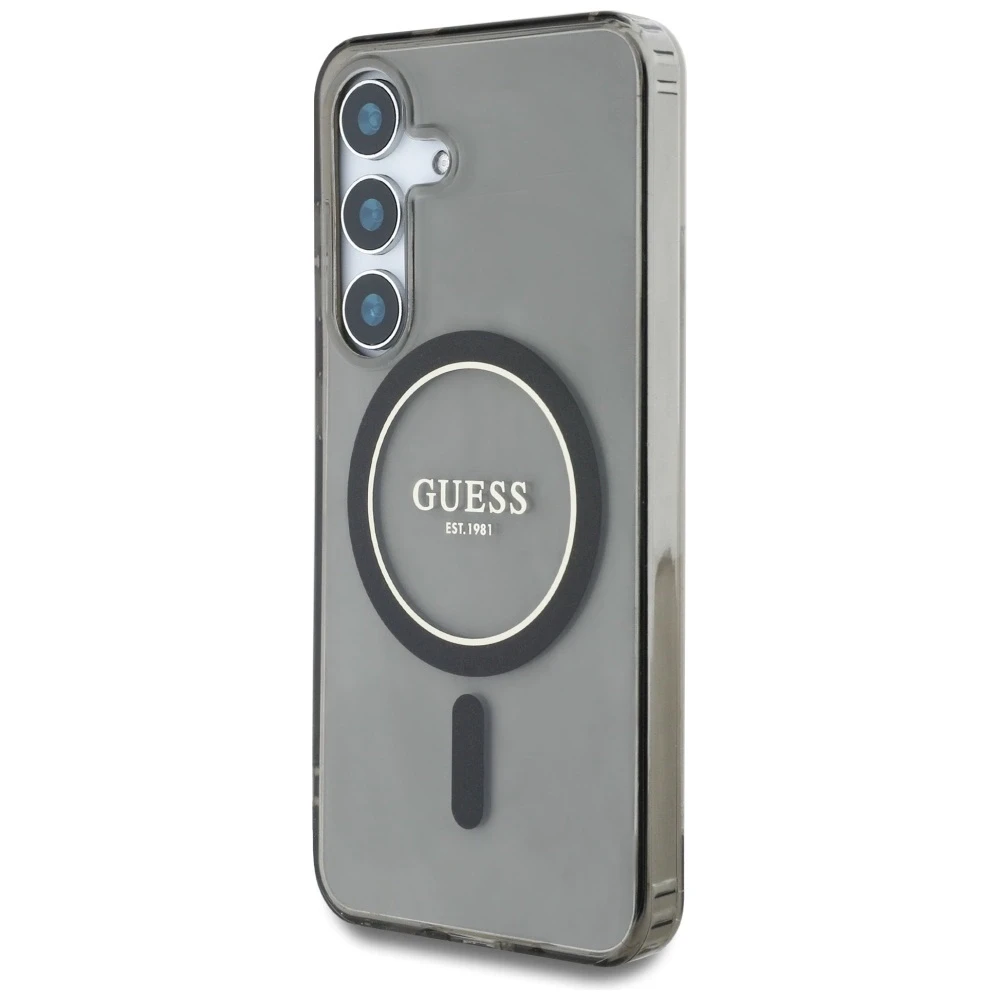 Dėklas Guess Glitter Circle Classic Logo MagSafe Samsung Galaxy S25 juodos spalvos