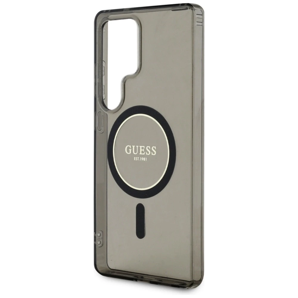 Dėklas Guess Glitter Circle Classic Logo MagSafe Samsung Galaxy S25 Ultra juodos spalvos