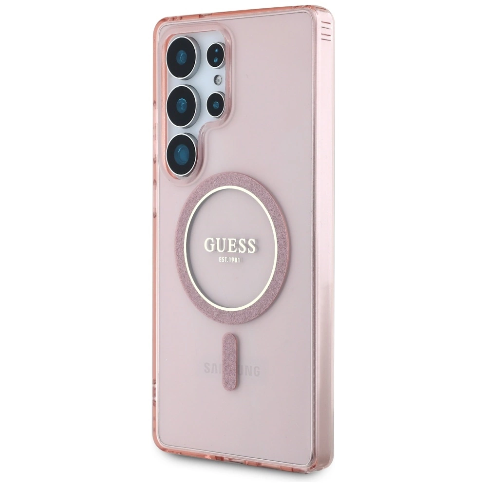 Dėklas Guess Glitter Circle Classic Logo MagSafe for Samsung Galaxy S25 Ultra pink