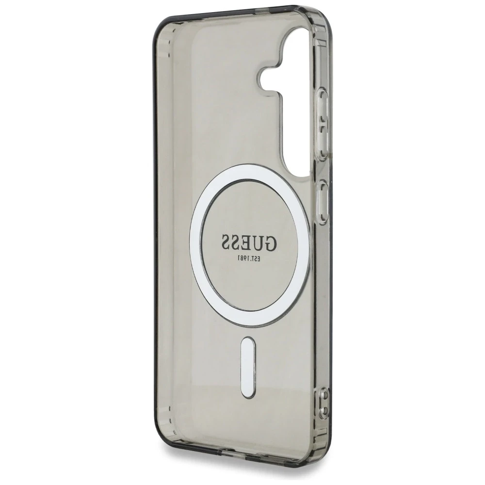 Dėklas Guess Glitter Circle Classic Logo MagSafe Samsung Galaxy S25 juodos spalvos