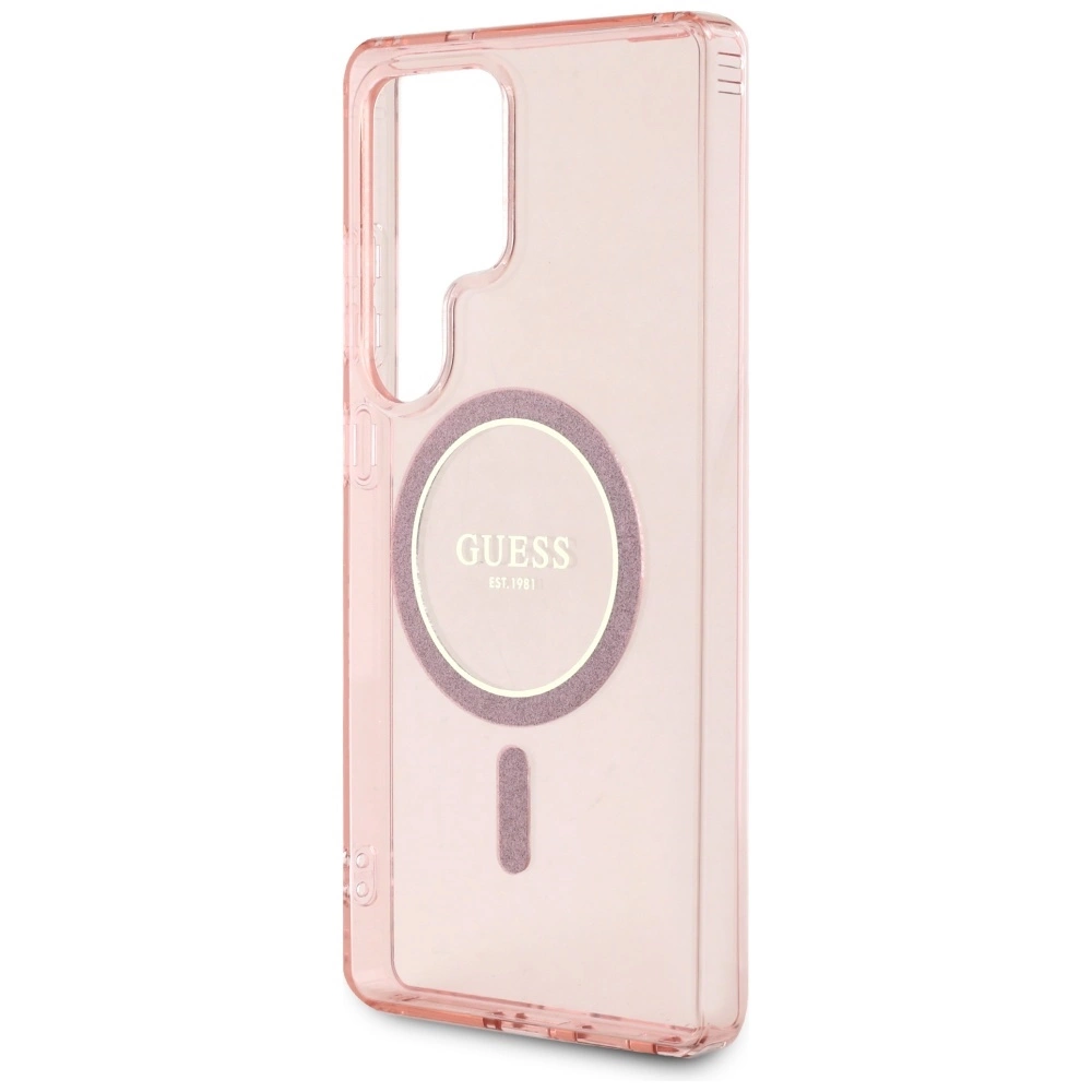 Dėklas Guess Glitter Circle Classic Logo MagSafe for Samsung Galaxy S25 Ultra pink