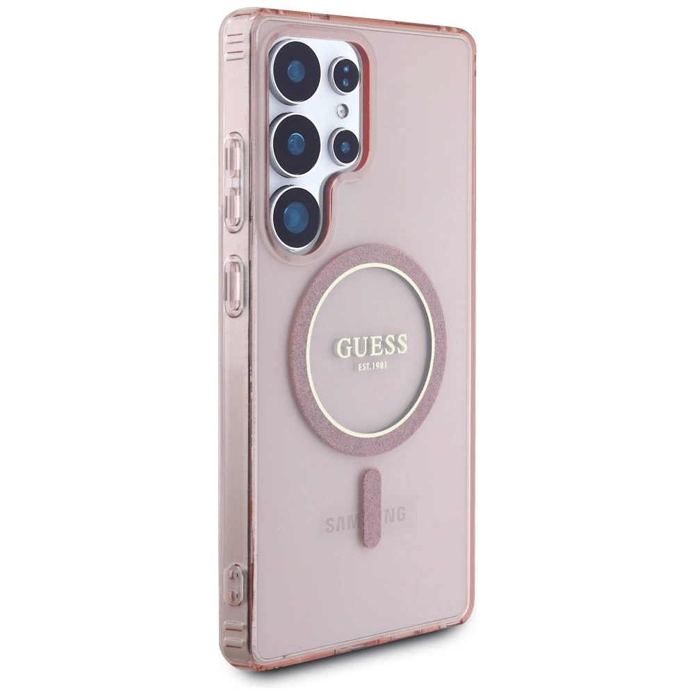 Dėklas Guess Glitter Circle Classic Logo MagSafe for Samsung Galaxy S25 Ultra pink