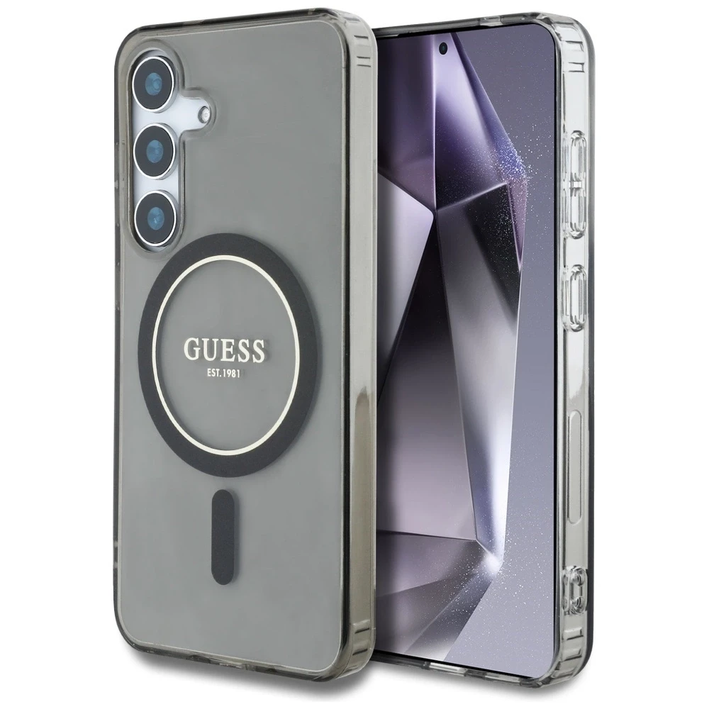 Dėklas Guess Glitter Circle Classic Logo MagSafe Samsung Galaxy S25 juodos spalvos