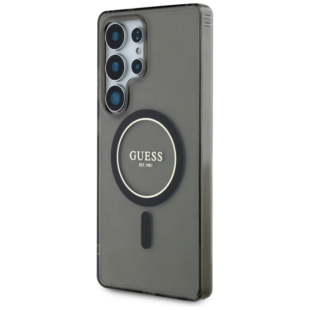 Dėklas Guess Glitter Circle Classic Logo MagSafe Samsung Galaxy S25 Ultra juodos spalvos