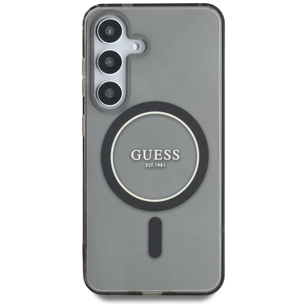 Dėklas Guess Glitter Circle Classic Logo MagSafe Samsung Galaxy S25 juodos spalvos