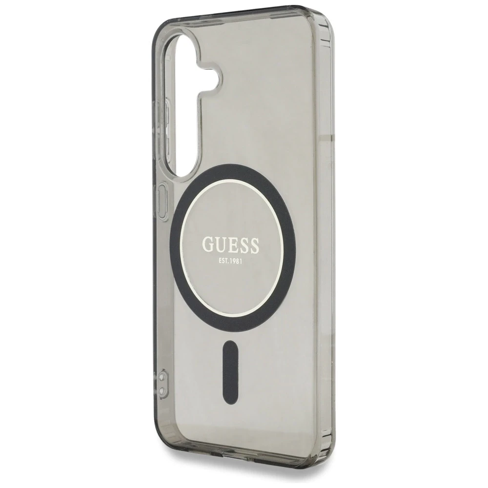 Dėklas Guess Glitter Circle Classic Logo MagSafe Samsung Galaxy S25 juodos spalvos