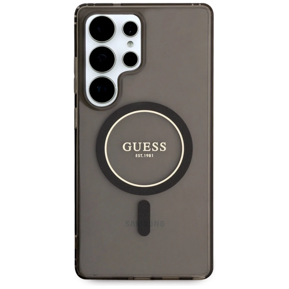 Dėklas Guess Glitter Circle Classic Logo MagSafe Samsung Galaxy S25 Ultra juodos spalvos