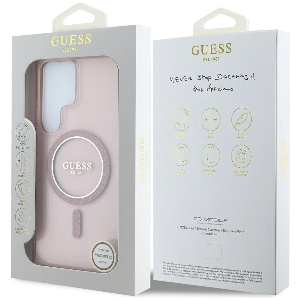 Dėklas Guess Glitter Circle Classic Logo MagSafe for Samsung Galaxy S25 Ultra pink