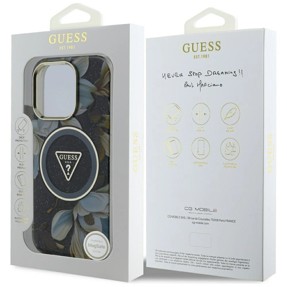 Guess Glitter Flowers Triangle Mygtukai MagSafe Apple iPhone 16 Pro Max dėklas telefonui juodos spalvos
