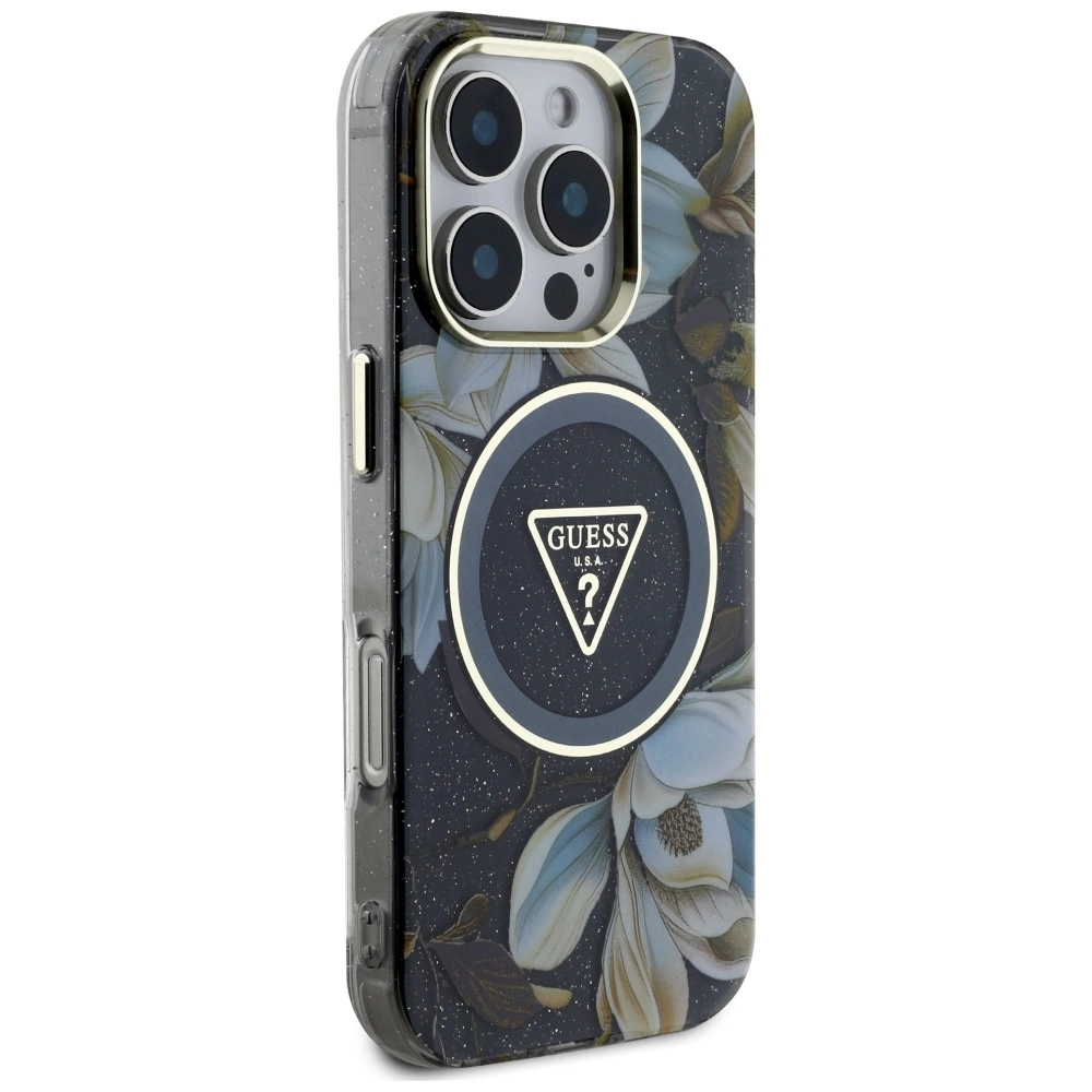 Guess Glitter Flowers Triangle Mygtukai MagSafe Apple iPhone 16 Pro Max dėklas telefonui juodos spalvos