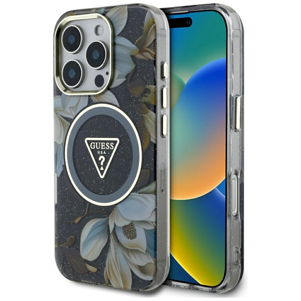 Guess Glitter Flowers Triangle Mygtukai MagSafe Apple iPhone 16 Pro Max dėklas telefonui juodos spalvos