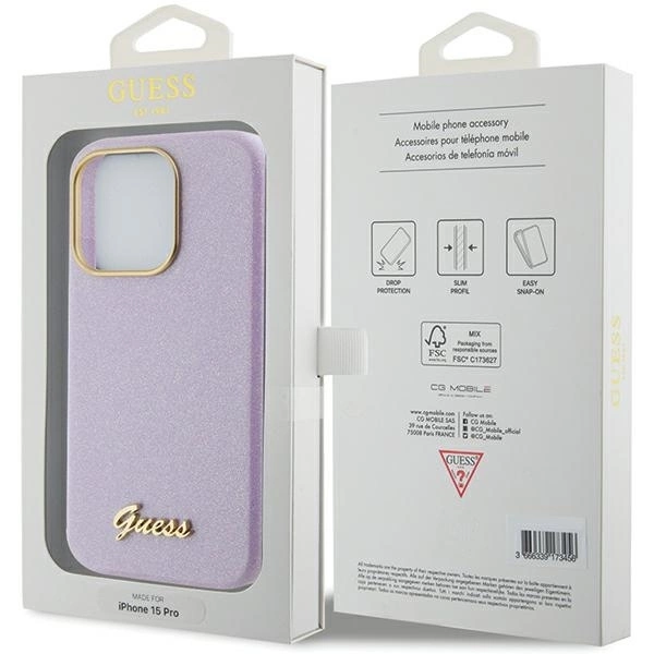 Apple iPhone 15 Pro Max Guess dėklas Glitter Glossy Script (GUHCP15XPGMCSL) violetinės spalvos