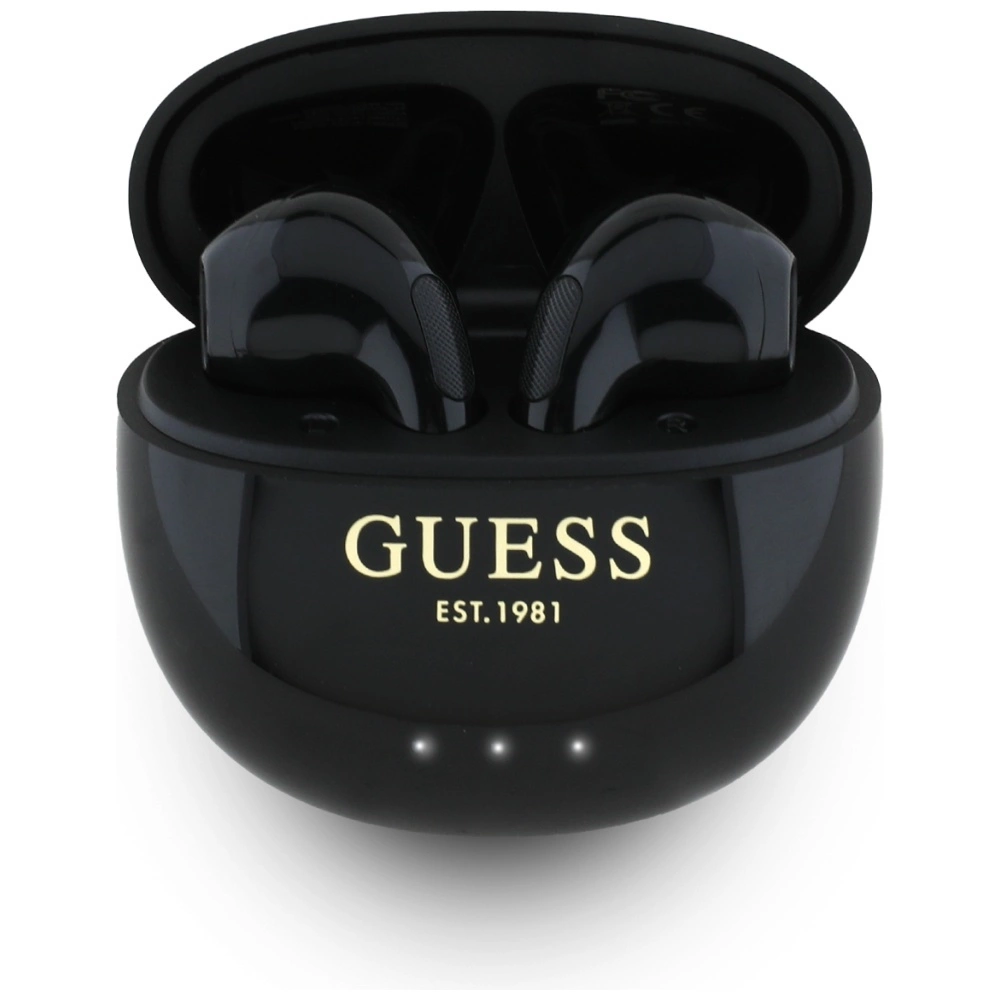 TWS ausinės Guess Glossy Effect Egg Shape Printed Classic Logo juodos spalvos