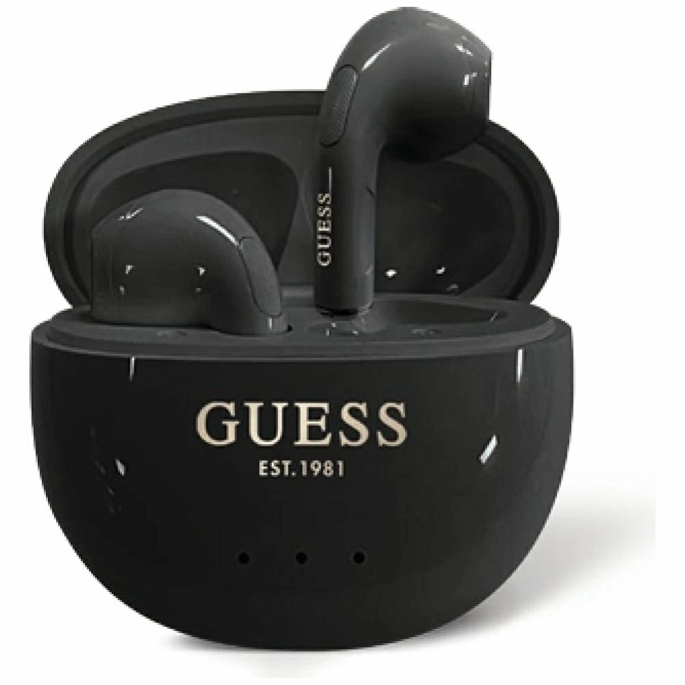 TWS ausinės Guess Glossy Effect Egg Shape Printed Classic Logo juodos spalvos