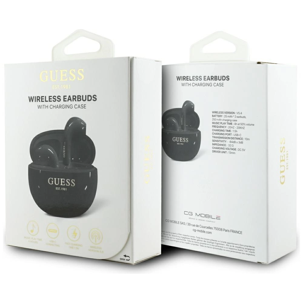 TWS ausinės Guess Glossy Effect Egg Shape Printed Classic Logo juodos spalvos