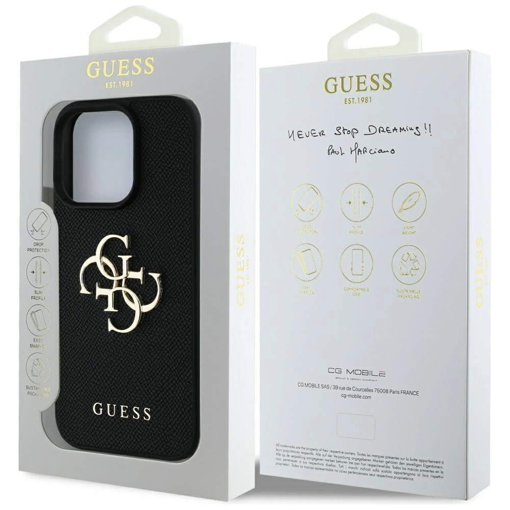 Dėklas Guess PU Grained 4G Metal Logo dėkals tavo Apple iPhone 16 Pro juodos spalvos