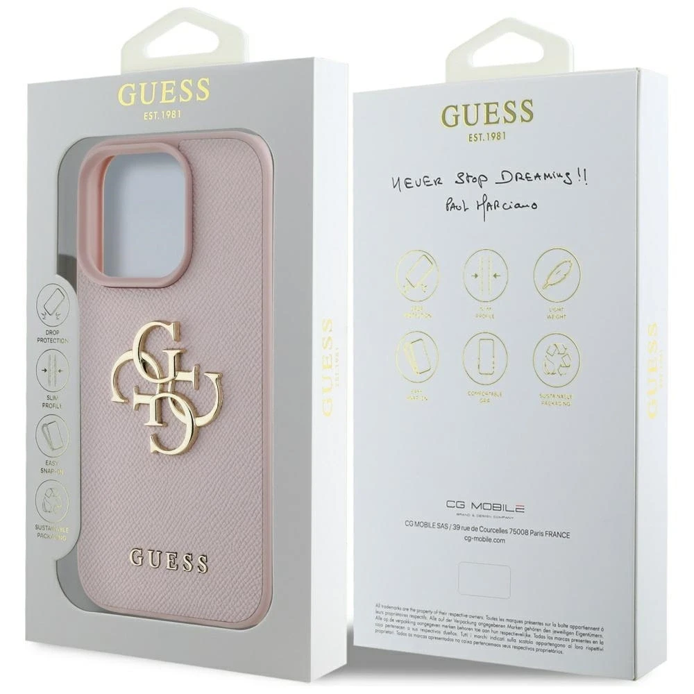 Dėklas Guess Grained Big 4G Logo Small Classic Logo Apple iPhone 16 Pro rožinės spalvos