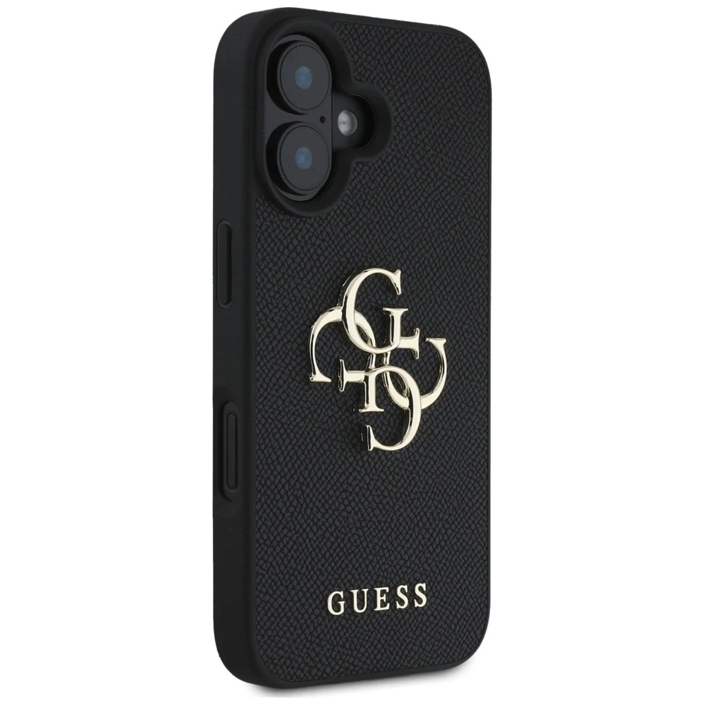 Guess Grained Big 4G Logo Small Classic Logo iPhone 16 telefono dėklas, juodos spalvos