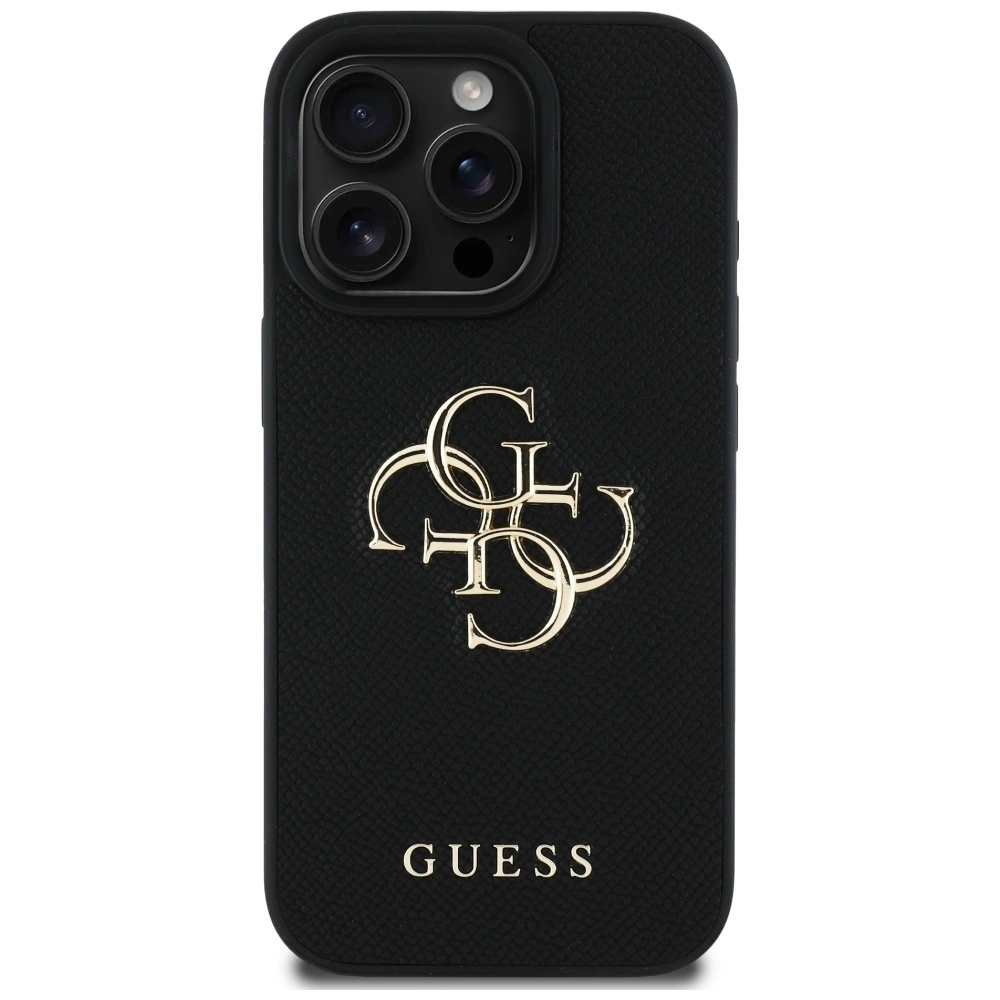 Dėklas Guess PU Grained 4G Metal Logo dėkals tavo Apple iPhone 16 Pro juodos spalvos
