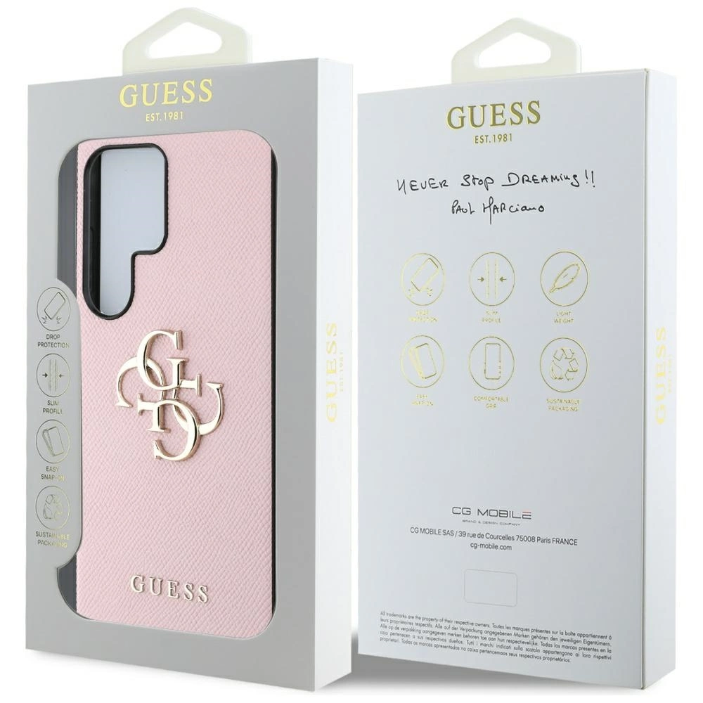 „Guess Grained Big 4G Logo Small Classic Logo“ – dėklas, skirtas „Samsung Galaxy S25 Ultra“, rausvas