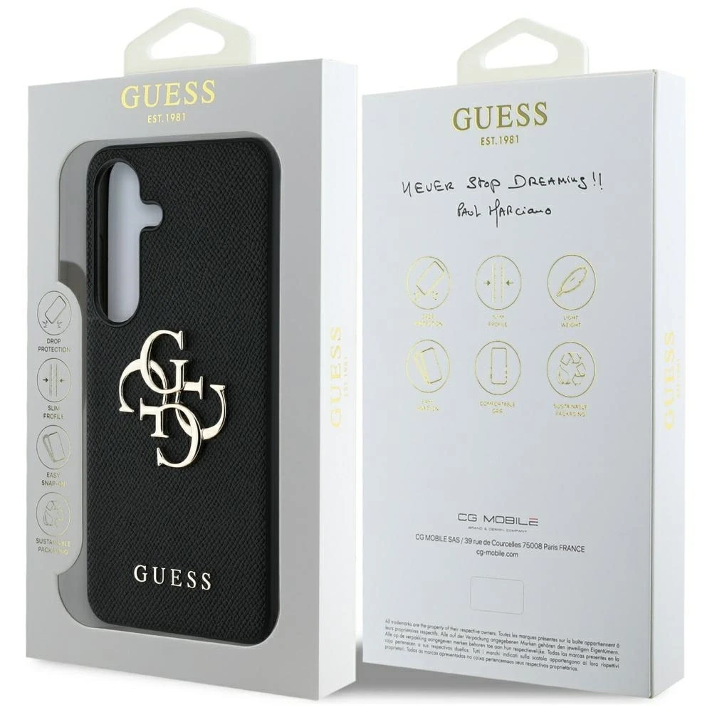 GUESS dėklas skirtas Samsung Galaxy S25 GUHCS25SPGT4MBK (PU Grained Big 4G and Classic Logo) juodos spalvos