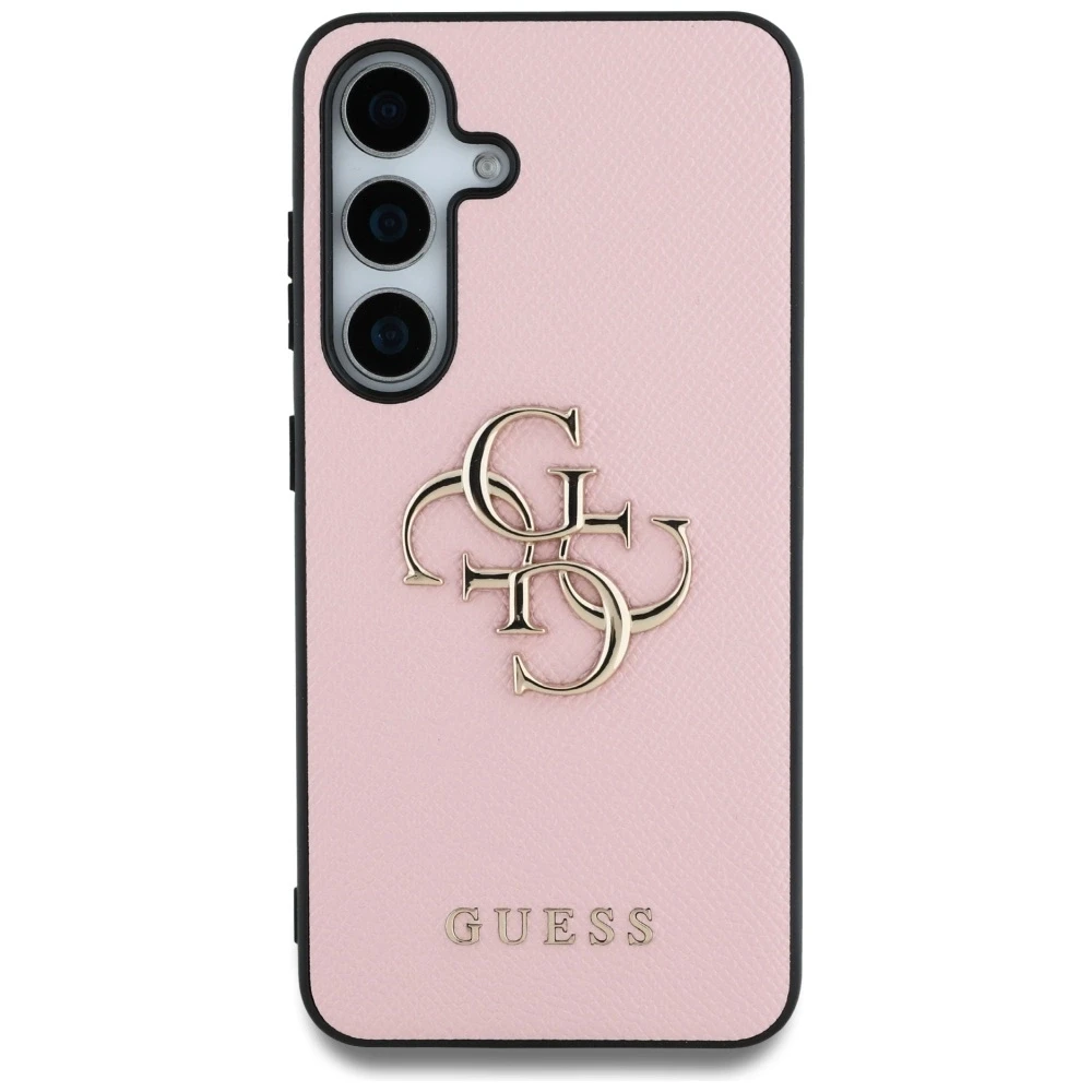 Guess Grained Big 4G Logo Small Classic Logo Samsung Galaxy S25 dėklas telefonui rožinės spalvos
