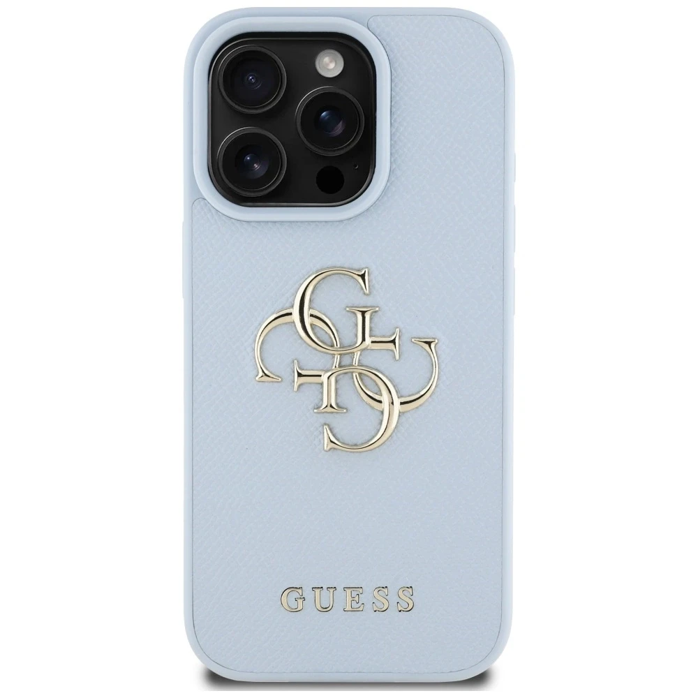 Guess Grained Big 4G Logo Small Classic Logo Apple iPhone 16 Pro dėklas telefonui mėlynos spalvos