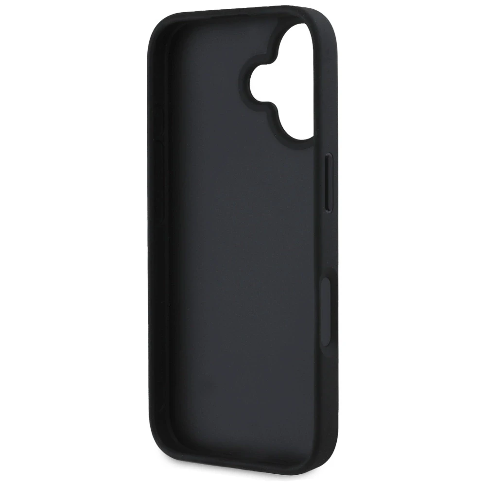 Guess Grained Big 4G Logo Small Classic Logo iPhone 16 telefono dėklas, juodos spalvos