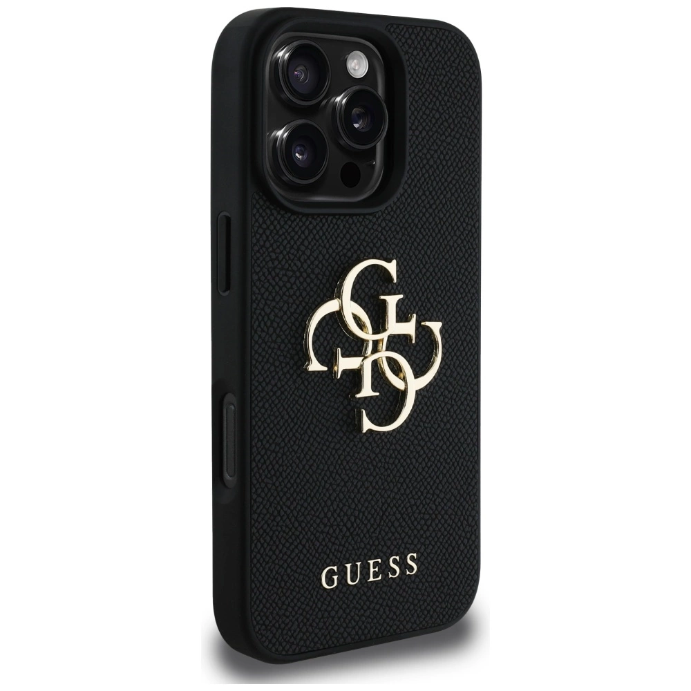 Dėklas Guess PU Grained 4G Metal Logo dėkals tavo Apple iPhone 16 Pro juodos spalvos