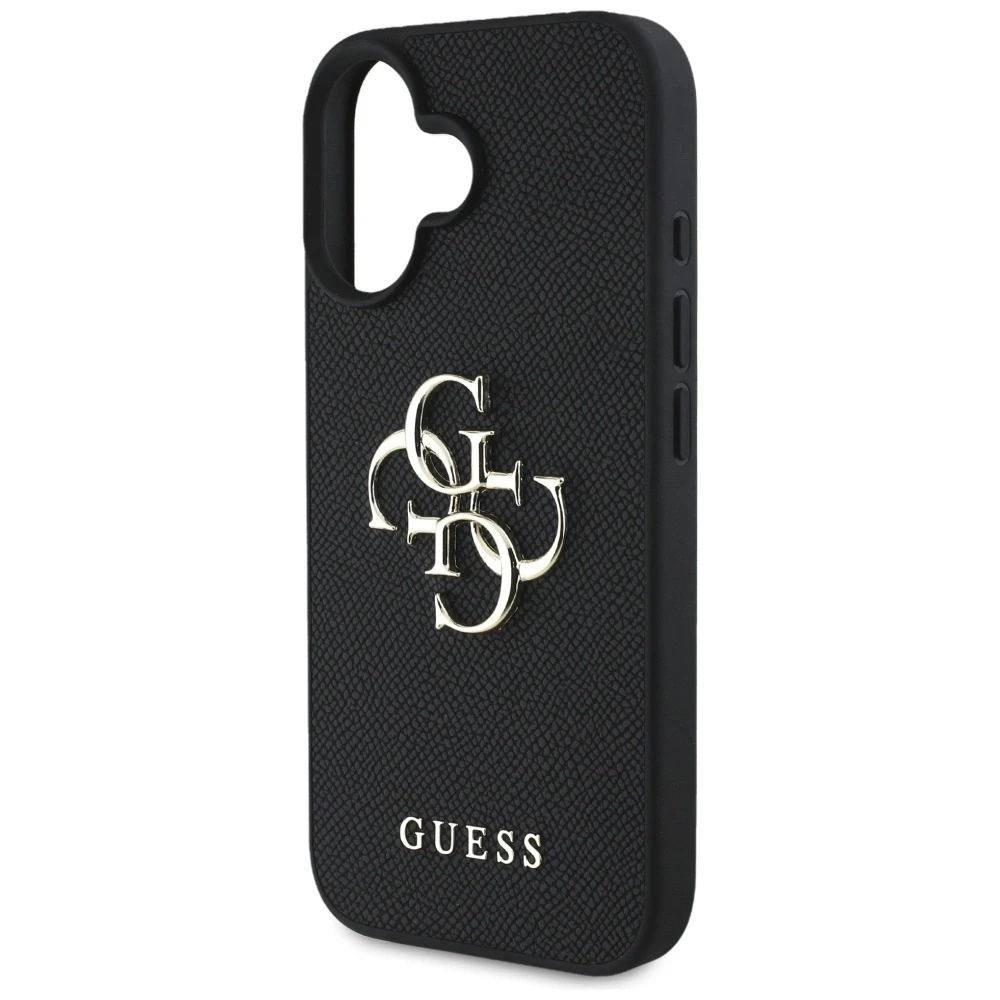 Guess Grained Big 4G Logo Small Classic Logo iPhone 16 telefono dėklas, juodos spalvos