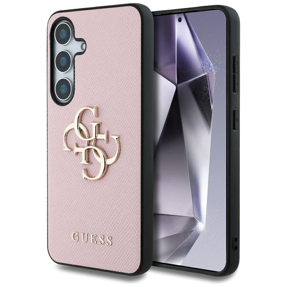 Guess Grained Big 4G Logo Small Classic Logo Samsung Galaxy S25 dėklas telefonui rožinės spalvos