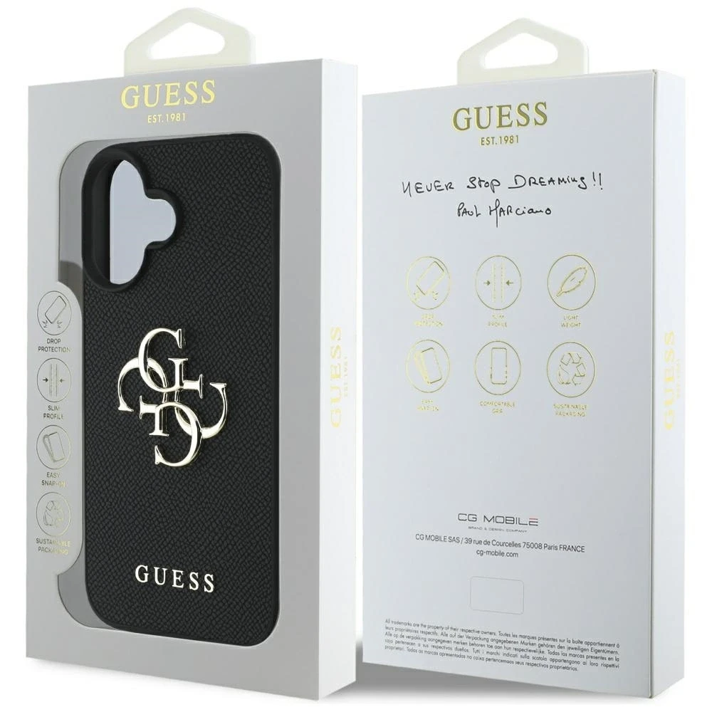 Guess Grained Big 4G Logo Small Classic Logo Apple iPhone 16 dėklas telefonui juodos spalvos
