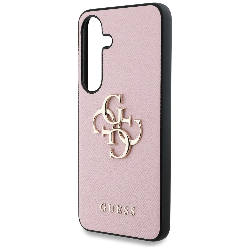 Guess Grained Big 4G Logo Small Classic Logo Samsung Galaxy S25 dėklas telefonui rožinės spalvos