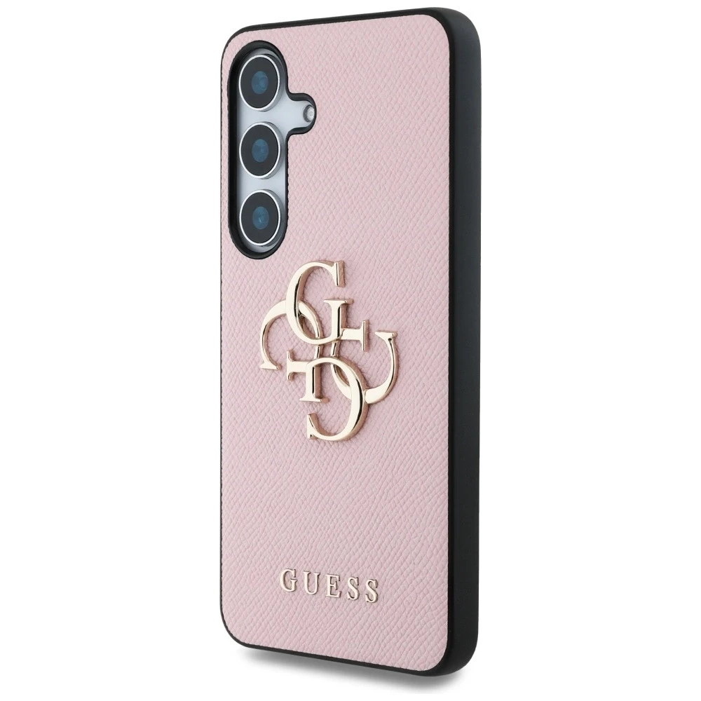 Guess Grained Big 4G Logo Small Classic Logo Samsung Galaxy S25 dėklas telefonui rožinės spalvos